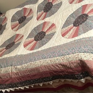 Homemade patchwork hand sewn cotton quilt, queen 76”x106”